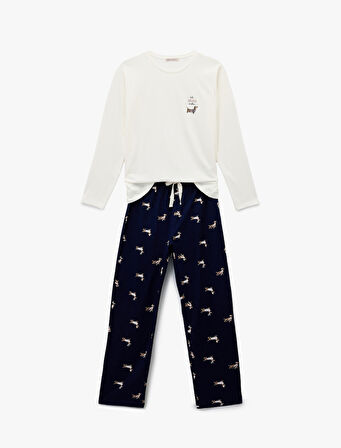 Uzun Kollu Bisiklet Yaka Köpek Desenli Pamuklu Pijama Takımı