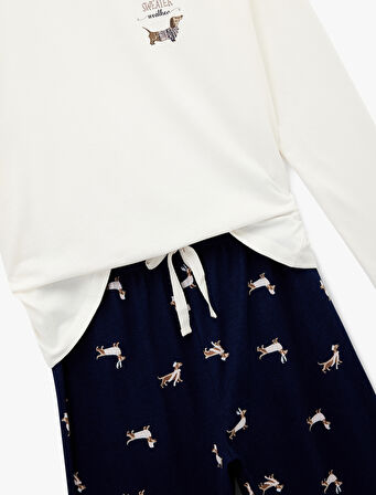 Uzun Kollu Bisiklet Yaka Köpek Desenli Pamuklu Pijama Takımı