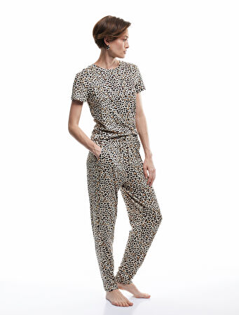 Rahat Kalıp Cepli Leopar Desenli Pijama Altı