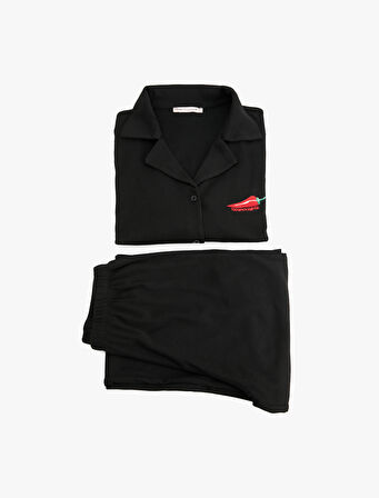 Gömlek Yaka Uzun Kollu Biber Nakış Detaylı Pijama Takımı
