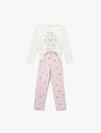 Tavşan Baskılı Uzun Kollu Bisiklet Yaka Pamuklu Pijama Takımı