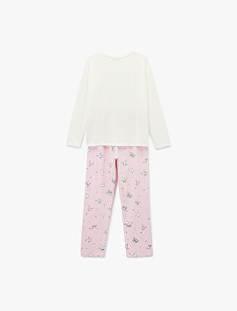 Tavşan Baskılı Uzun Kollu Bisiklet Yaka Pamuklu Pijama Takımı