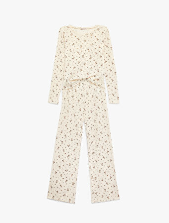 Pamuklu Uzun Kollu Bisiklet Yaka Fiyonklu Pijama Takımı