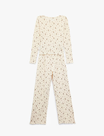 Pamuklu Uzun Kollu Bisiklet Yaka Fiyonklu Pijama Takımı