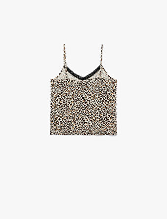 V Yaka Dantel Detaylı Leopar Desenli Askılı Pijama Üstü