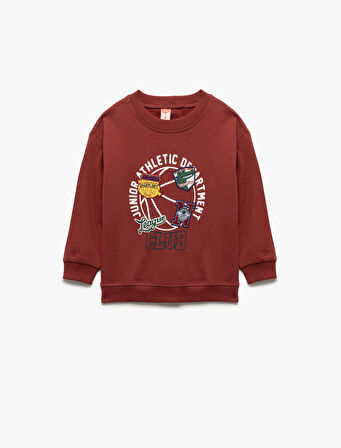 Şardonlu Uzun Kollu Bisiklet Yaka Pamuklu Baskılı Sweatshirt