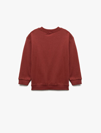 Şardonlu Uzun Kollu Bisiklet Yaka Pamuklu Baskılı Sweatshirt