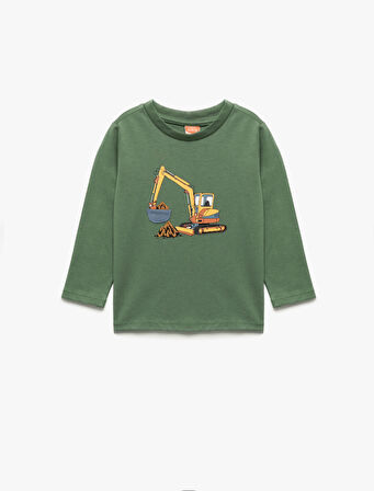 Uzun Kollu Bisiklet Yaka Baskılı Pamuklu Tişört