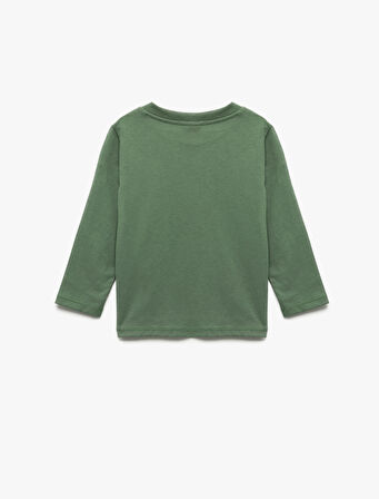 Uzun Kollu Bisiklet Yaka Baskılı Pamuklu Tişört