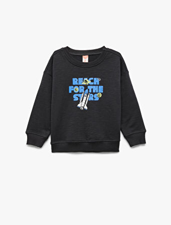 Uzun Kollu Bisiklet Yaka Pamuklu Baskılı Sweatshirt