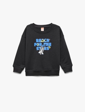 Uzun Kollu Bisiklet Yaka Pamuklu Baskılı Sweatshirt