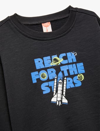 Uzun Kollu Bisiklet Yaka Pamuklu Baskılı Sweatshirt