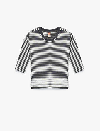 Uzun Kollu Bisiklet Yaka Pamuklu Çizgili Tişört