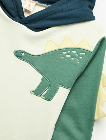 Dinozor Baskılı Pamuklu Uzun Kollu Kapşonlu Sweatshirt