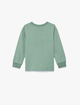 Uzun Kollu Bisiklet Yaka Dinozor Aplikeli Pamuklu Tişört