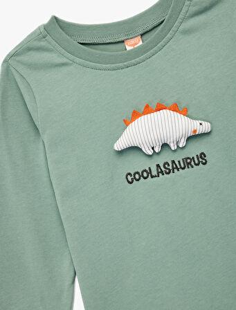 Uzun Kollu Bisiklet Yaka Dinozor Aplikeli Pamuklu Tişört