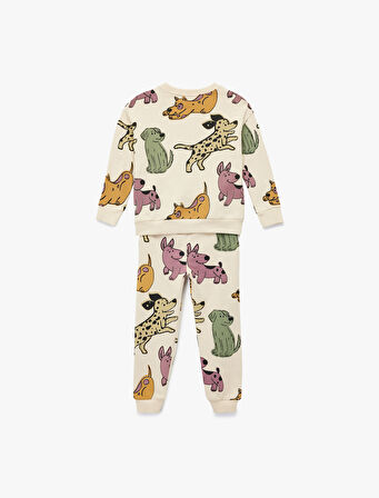 Pamuklu Uzun Kollu Bisiklet Yaka Köpek Baskılı Eşofman Takımı