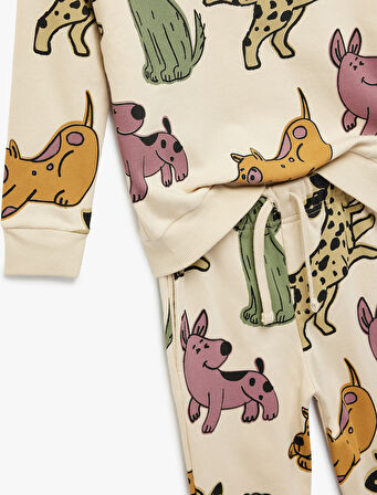 Pamuklu Uzun Kollu Bisiklet Yaka Köpek Baskılı Eşofman Takımı