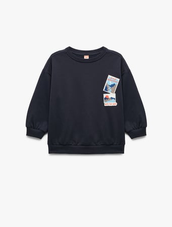 Uzun Kollu Bisiklet Yaka Baskılı Pamuklu Sweatshirt