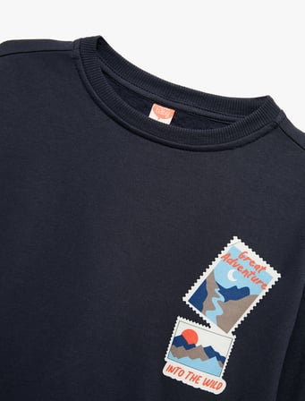 Uzun Kollu Bisiklet Yaka Baskılı Pamuklu Sweatshirt
