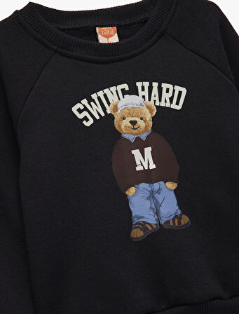 Uzun Kollu Bisiklet Yaka Ayıcık Baskılı Sweatshirt