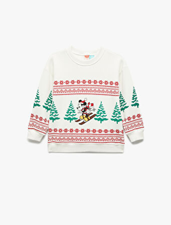 Lisanslı Mickey Mouse Baskılı Uzun Kollu Şardonlu Sweatshirt