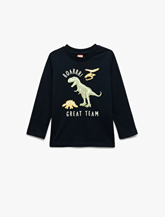 Dinozor Baskılı Uzun Kollu Bisiklet Yaka Pamuklu Tişört