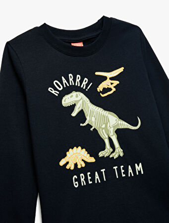 Dinozor Baskılı Uzun Kollu Bisiklet Yaka Pamuklu Tişört