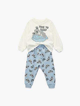 Koala Baskılı Uzun Kollu Bisiklet Yaka Pamuklu 2'li Pijama Takımı 