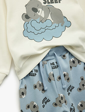 Koala Baskılı Uzun Kollu Bisiklet Yaka Pamuklu 2'li Pijama Takımı 