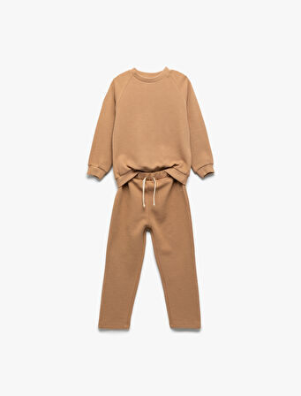 2'li Pamuklu Eşofman Takımı Bisiklet Yaka Uzun Kollu Üst ve Beli Bağcıklı Atlt 