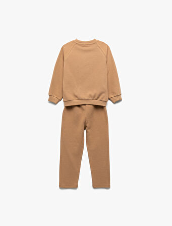 2'li Pamuklu Eşofman Takımı Bisiklet Yaka Uzun Kollu Üst ve Beli Bağcıklı Atlt 