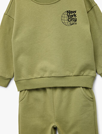 Bisiklet Yaka Uzun Kollu Baskılı Pamuklu Eşofman Takımı