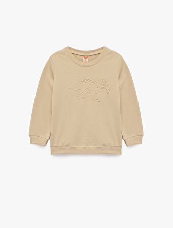 Pamuklu Uzun Kollu Bisiklet Yaka Dinozor Baskılı Sweatshirt
