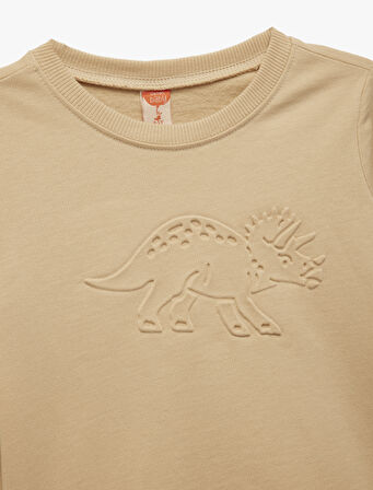 Pamuklu Uzun Kollu Bisiklet Yaka Dinozor Baskılı Sweatshirt