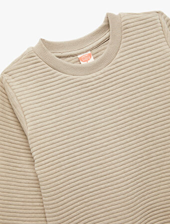 Uzun Kollu Bisiklet Yaka Dokulu Pamuklu Sweatshirt