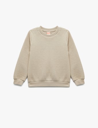 Uzun Kollu Bisiklet Yaka Dokulu Pamuklu Sweatshirt