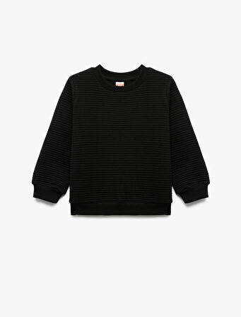 Uzun Kollu Bisiklet Yaka Dokulu Pamuklu Sweatshirt