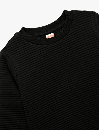 Uzun Kollu Bisiklet Yaka Dokulu Pamuklu Sweatshirt