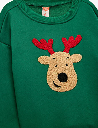 Geyik Nakışlı Uzun Kollu Bisiklet Yaka Sweatshirt