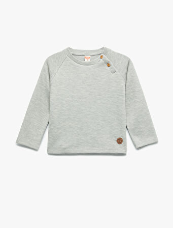 Pamuklu Düğmeli Uzun Kollu Bisiklet Yaka Sweatshirt