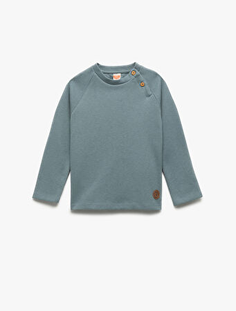 Pamuklu Düğmeli Uzun Kollu Bisiklet Yaka Sweatshirt