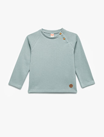 Pamuklu Düğmeli Uzun Kollu Bisiklet Yaka Sweatshirt