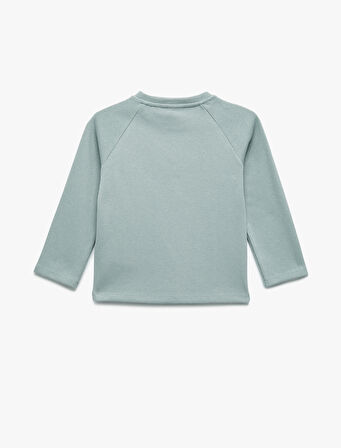 Pamuklu Düğmeli Uzun Kollu Bisiklet Yaka Sweatshirt