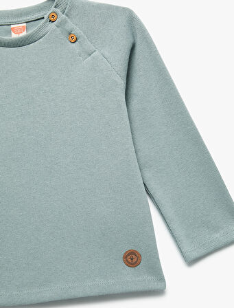 Pamuklu Düğmeli Uzun Kollu Bisiklet Yaka Sweatshirt