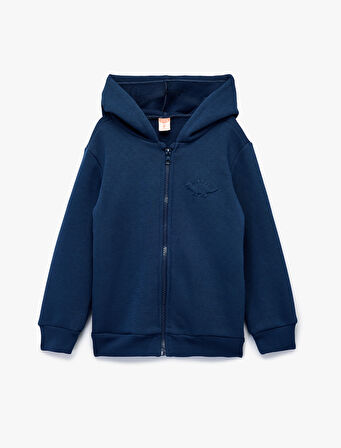 Uzun Kollu Dinozor Baskı Detaylı Fermuarlı Kapşonlu Sweatshirt