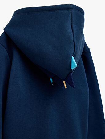 Uzun Kollu Dinozor Baskı Detaylı Fermuarlı Kapşonlu Sweatshirt