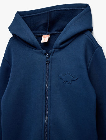 Uzun Kollu Dinozor Baskı Detaylı Fermuarlı Kapşonlu Sweatshirt