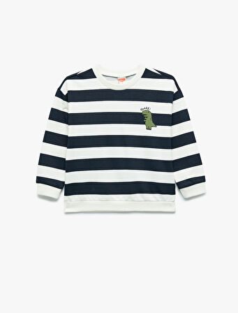 Pamuklu Şardonlu Uzun Kollu Bisiklet Yaka Çizgili Sweatshirt