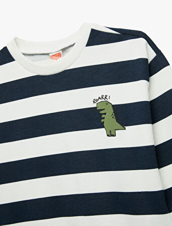 Pamuklu Şardonlu Uzun Kollu Bisiklet Yaka Çizgili Sweatshirt